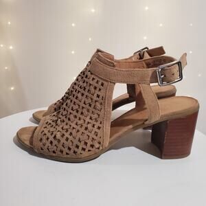 Franco Sarto Harlet 3 Leather Lattice Open Toe Chunky Block Heel Sandals Size 9M